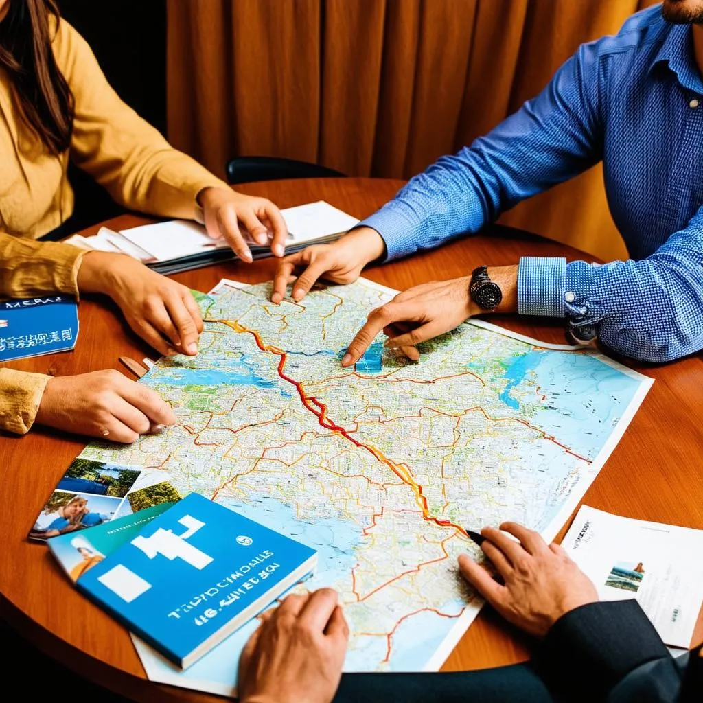 Couple planning a trip using a map and guidebooks