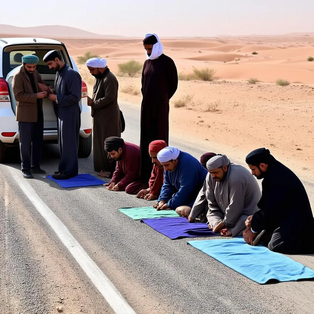 Muslim travelers praying on the side of the road