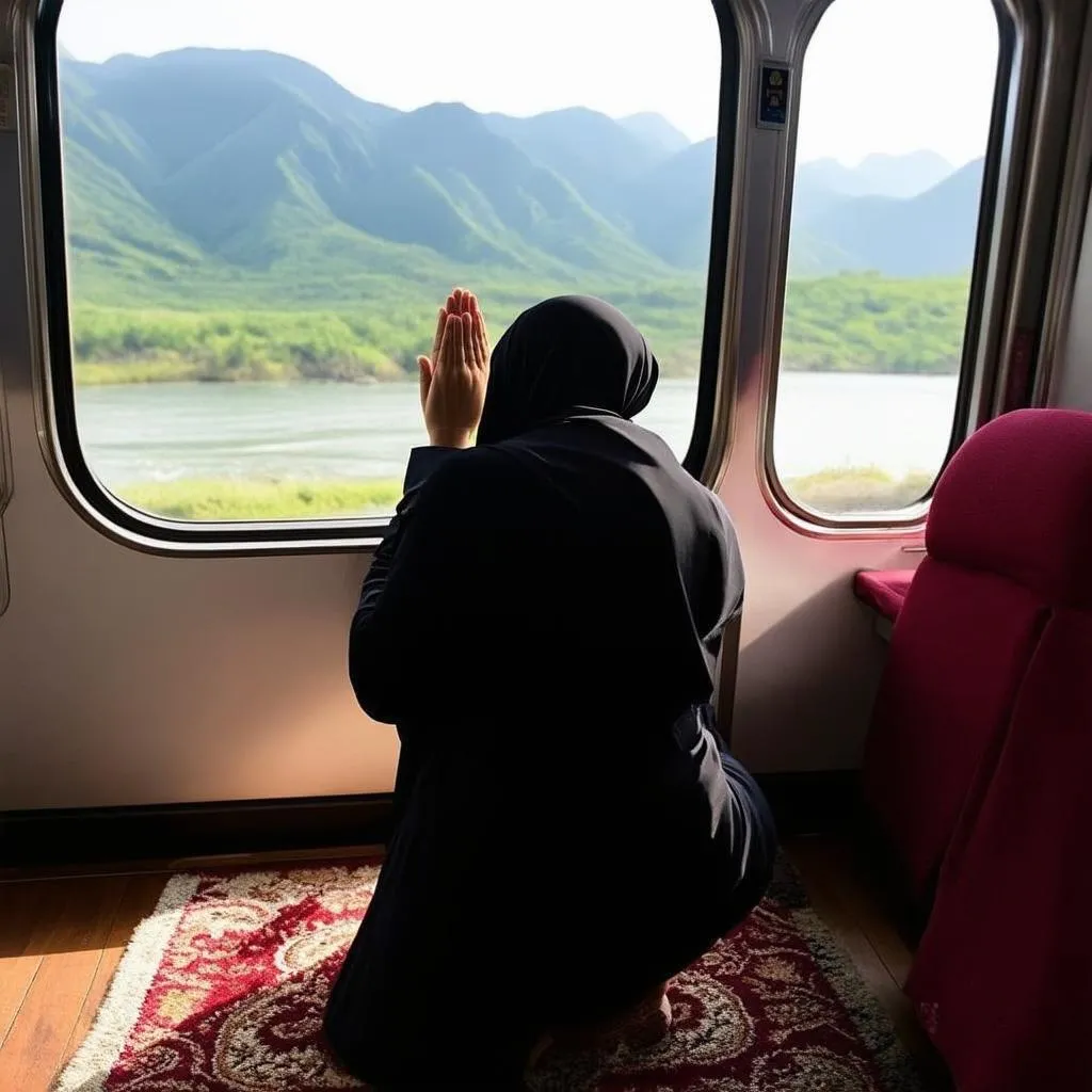 Muslim woman praying on a train