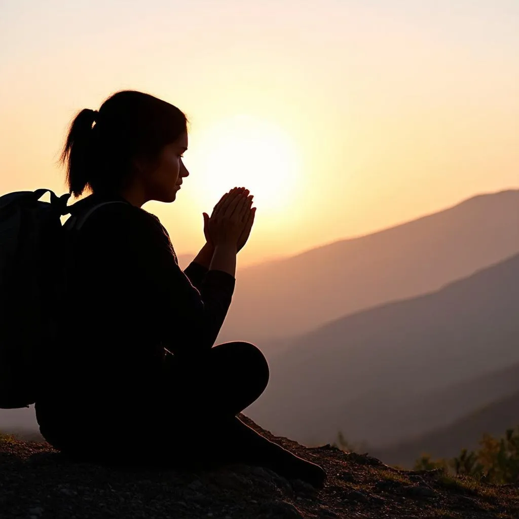 Woman praying on a mountaintop