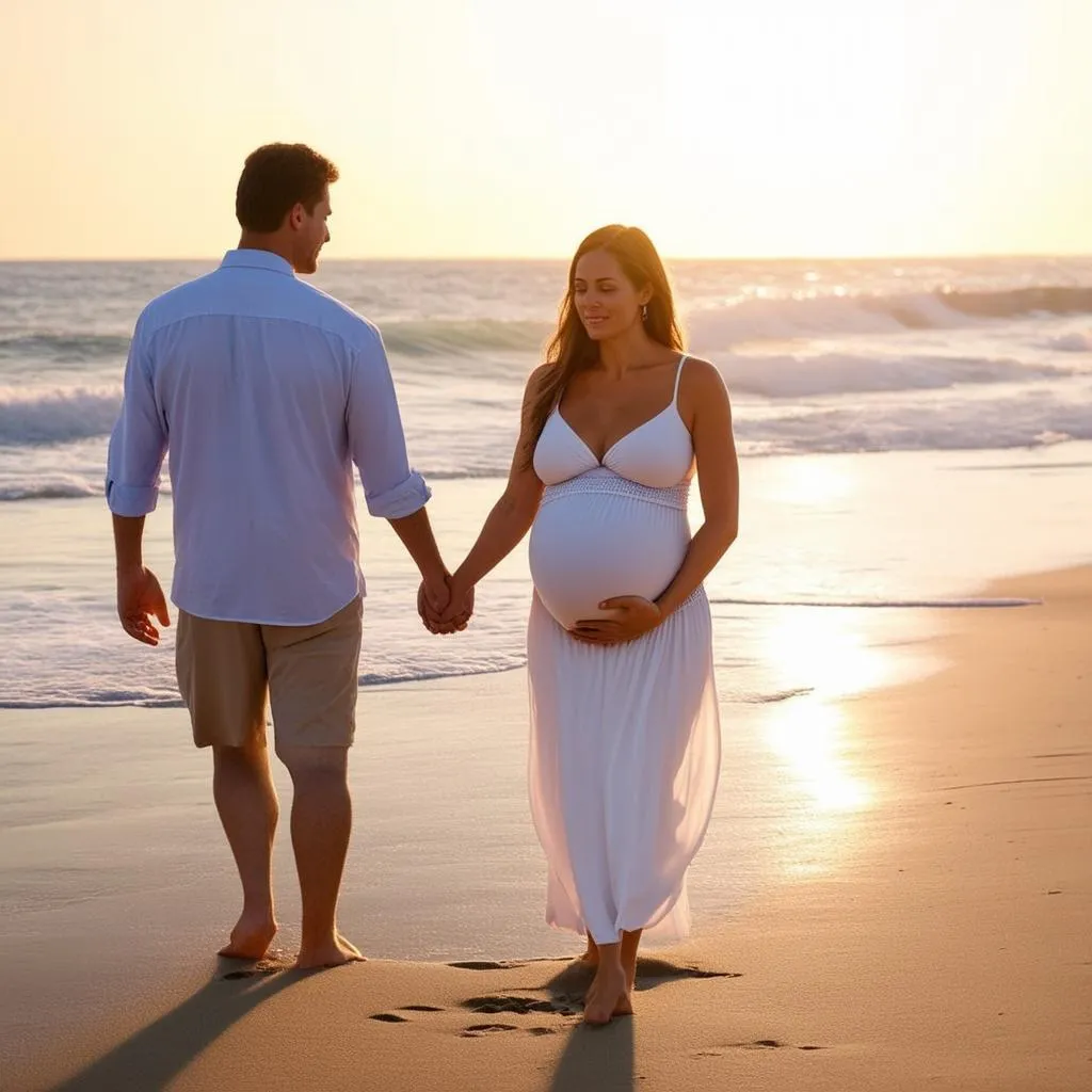 expectant parents on beach vacation