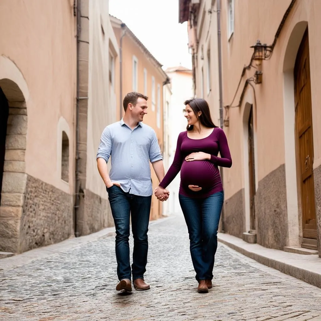 A Pregnant Couple Strolling Through a Picturesque Town