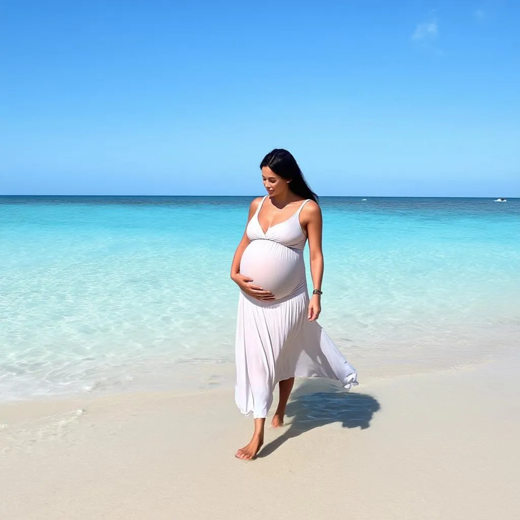 Pregnant Woman Relaxing on Beach