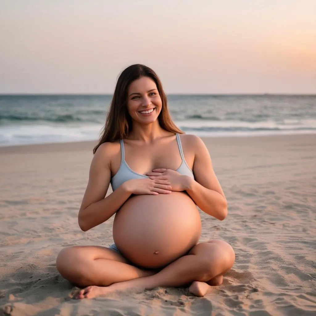 pregnant woman relaxing on a beach