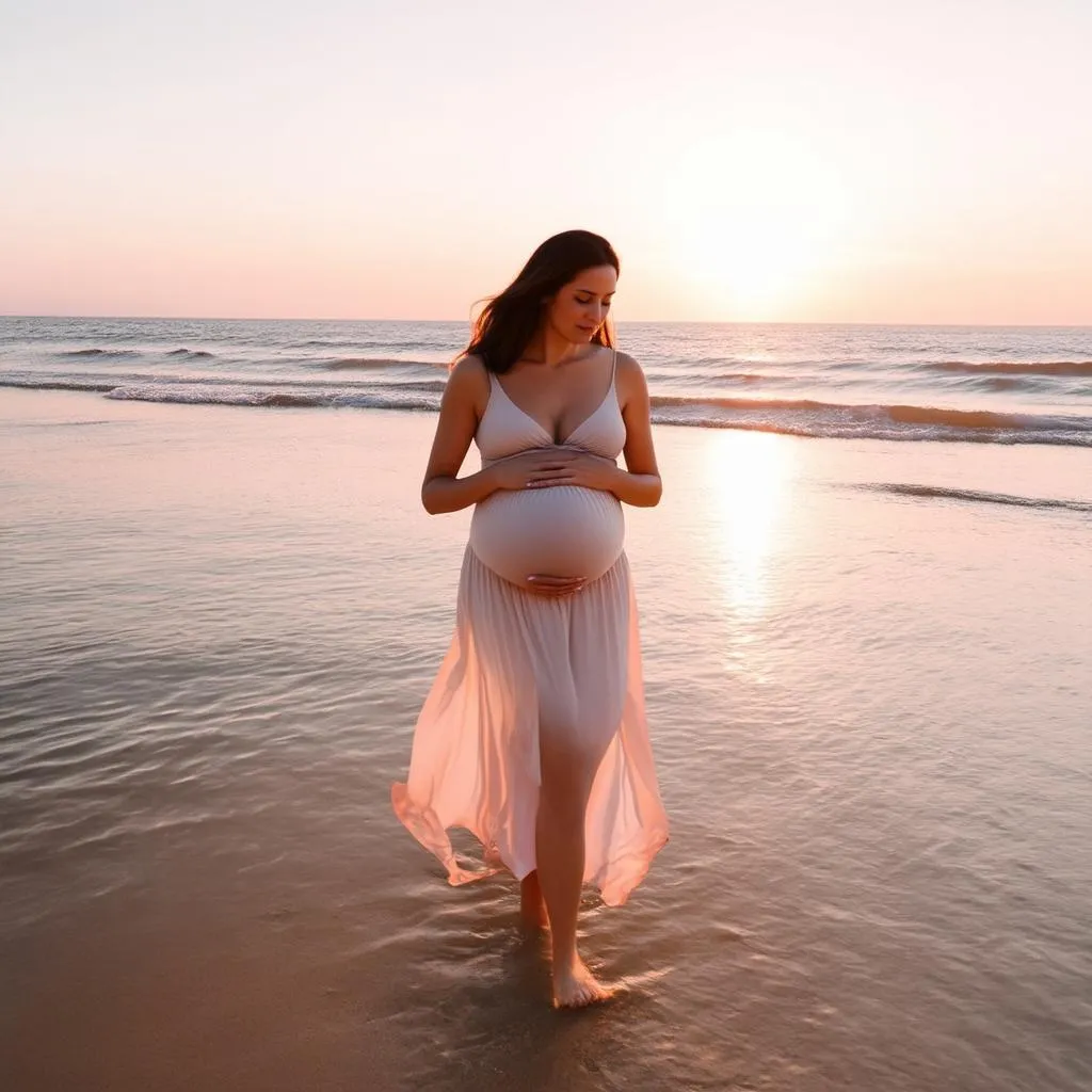 pregnant woman relaxing on the beach