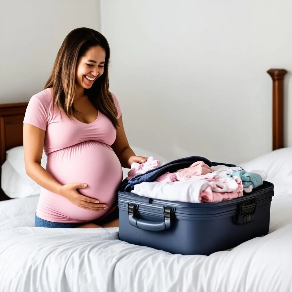 pregnant woman packing for a trip