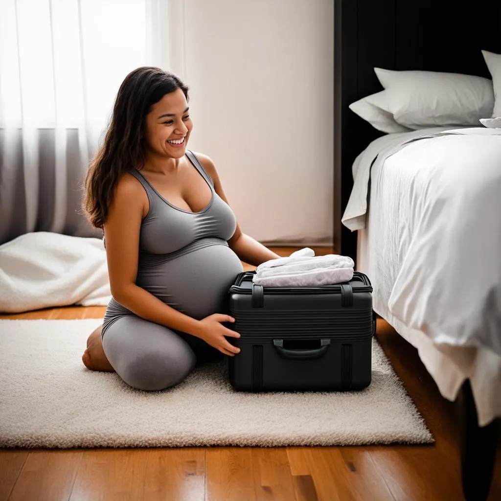 pregnant woman packing suitcase