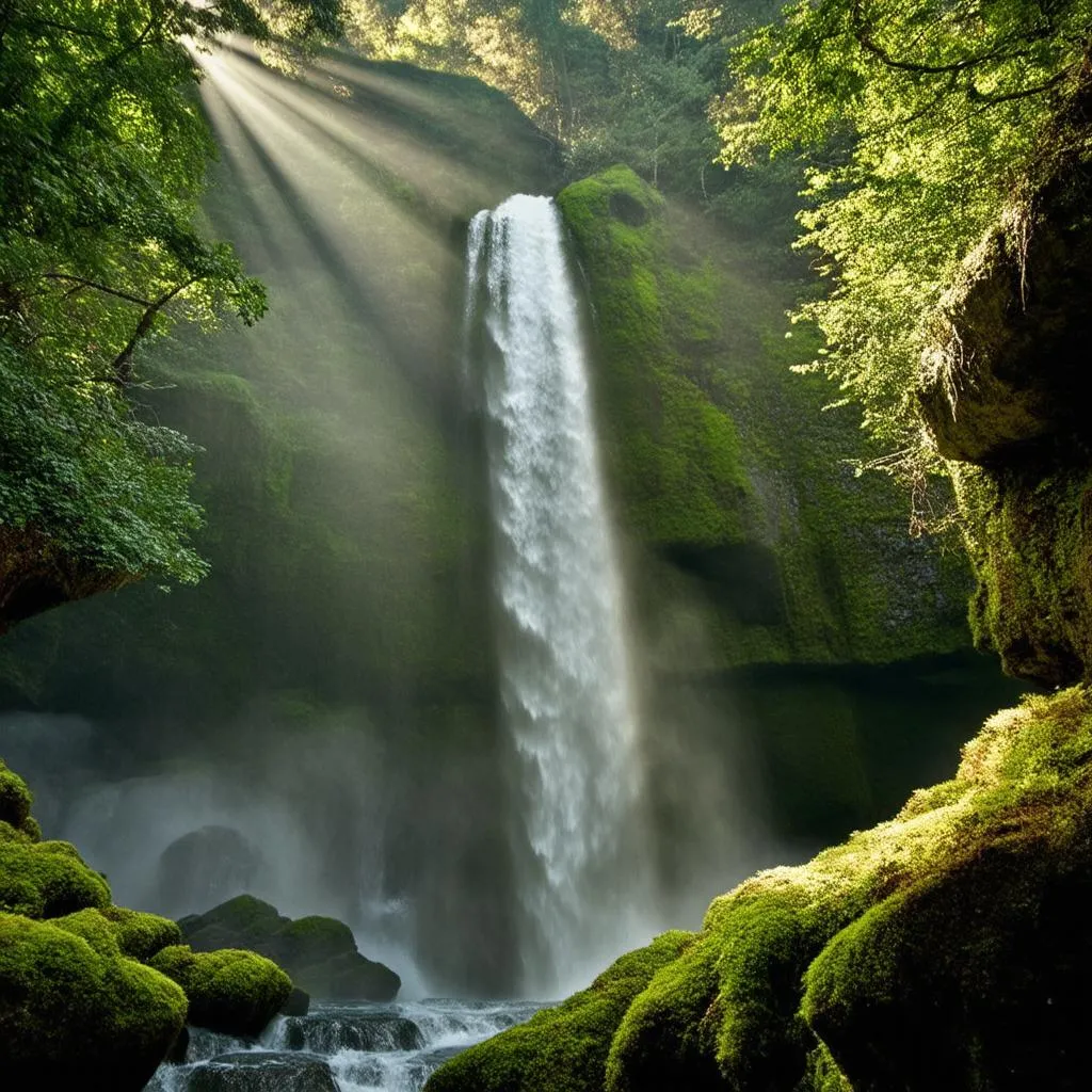 A lush waterfall cascading down rocks in Pu Mat National Park