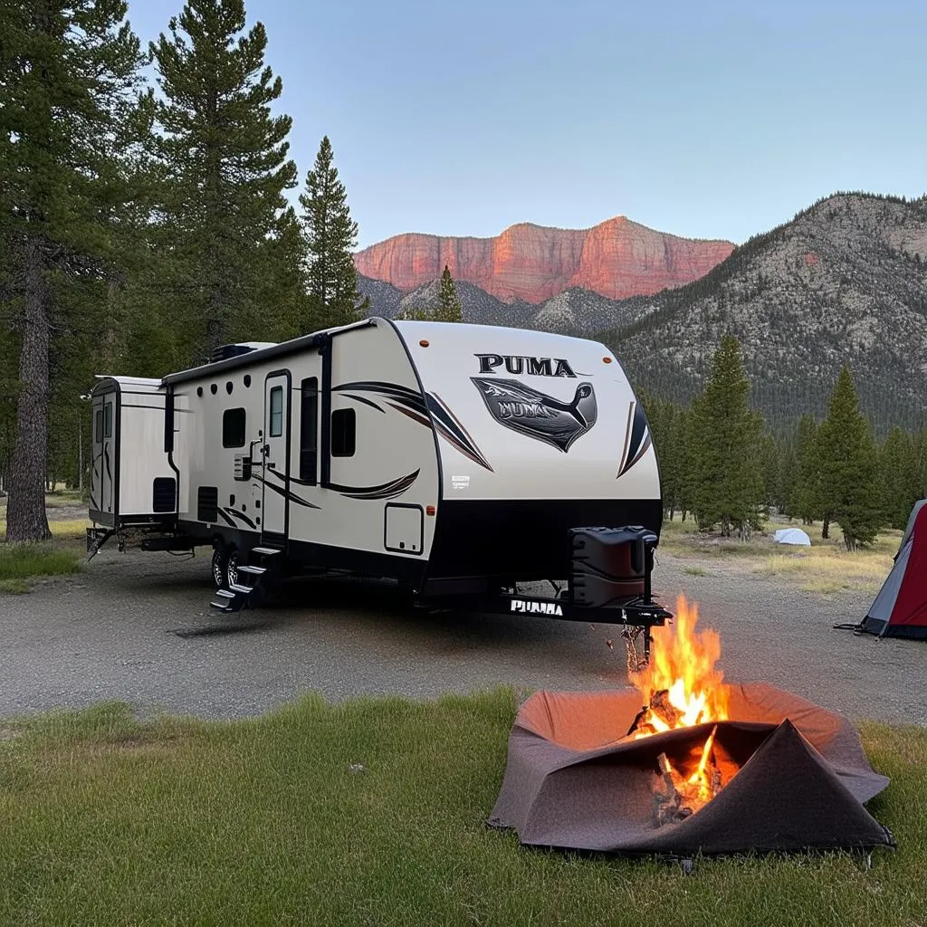 Modern Puma travel trailer parked at a campsite