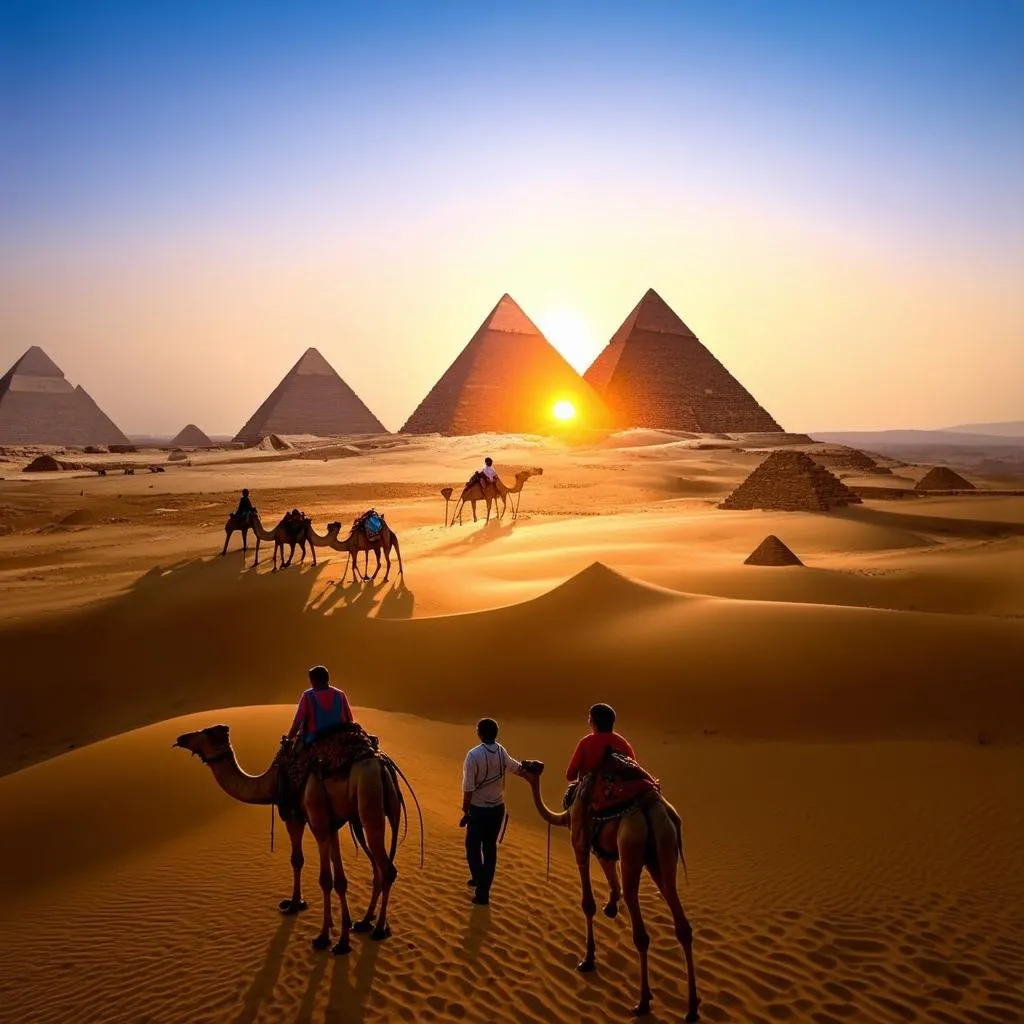 The Pyramids of Giza at sunset.