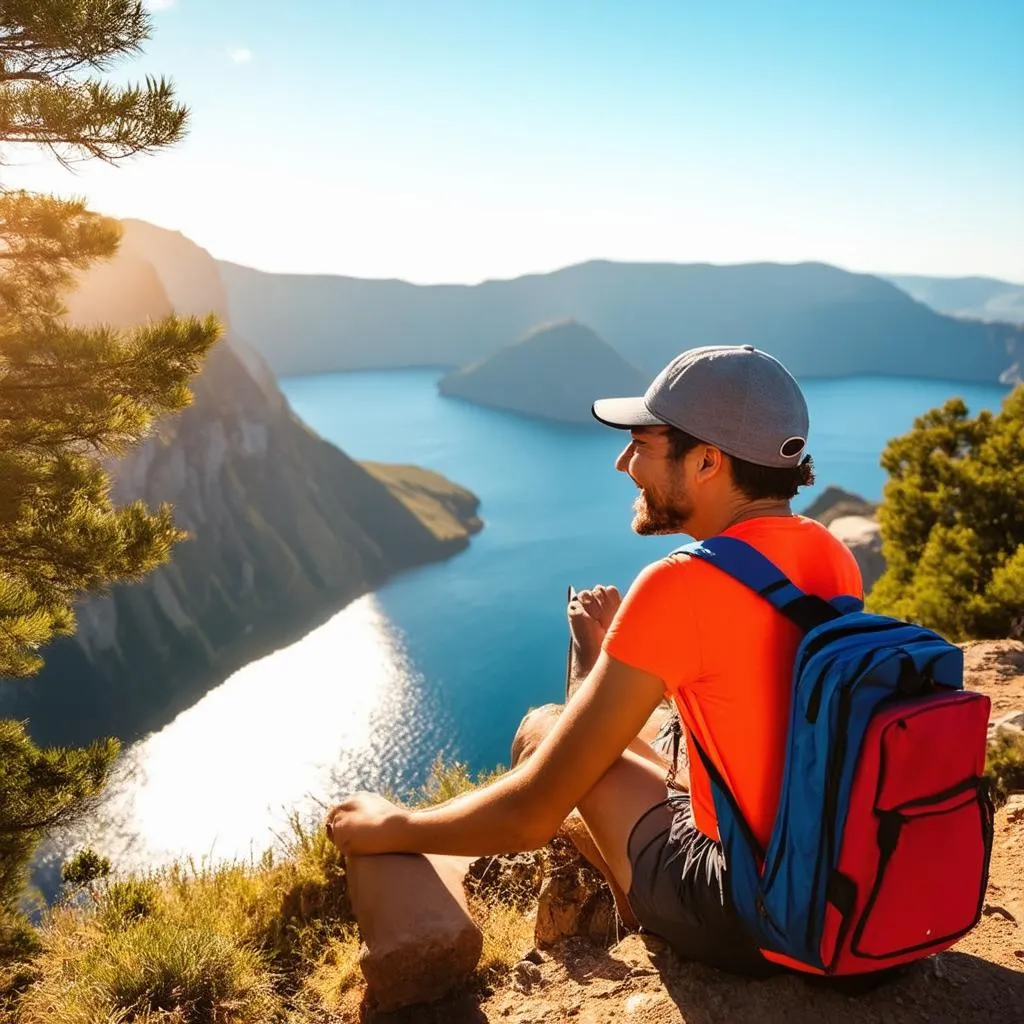 Smiling traveler enjoying scenic view