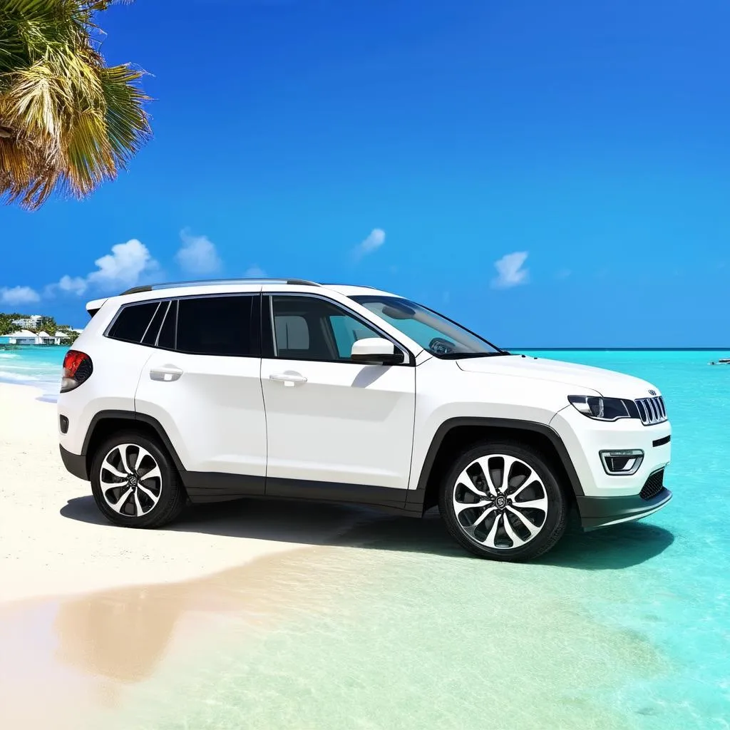 Rental car parked on the beach with turquoise water and blue sky