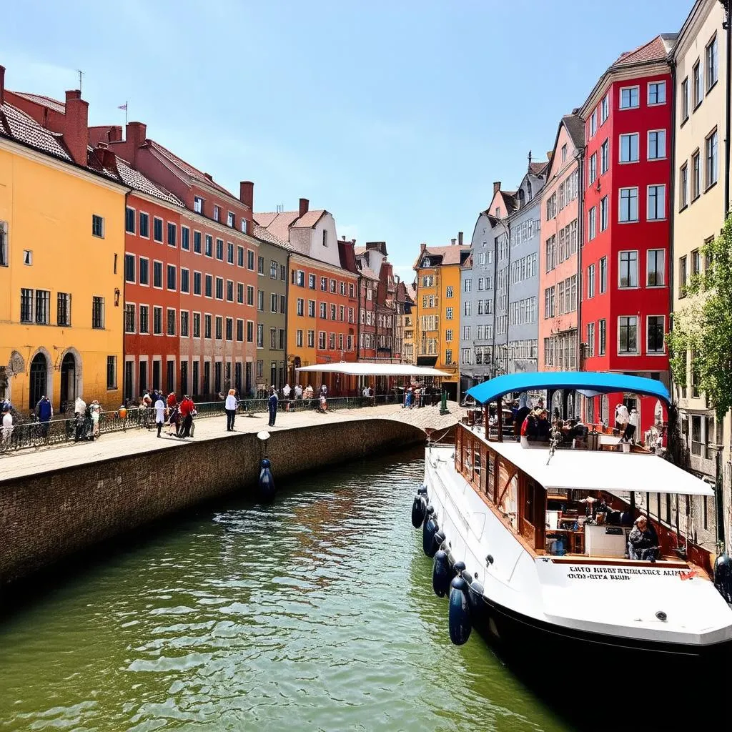 River Boat Docked in Town