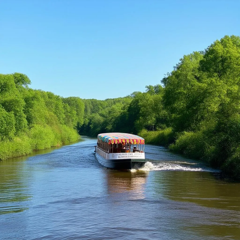 Scenic river with a boat traveling downstream