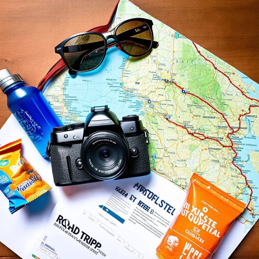 Road trip essentials laid out on a map