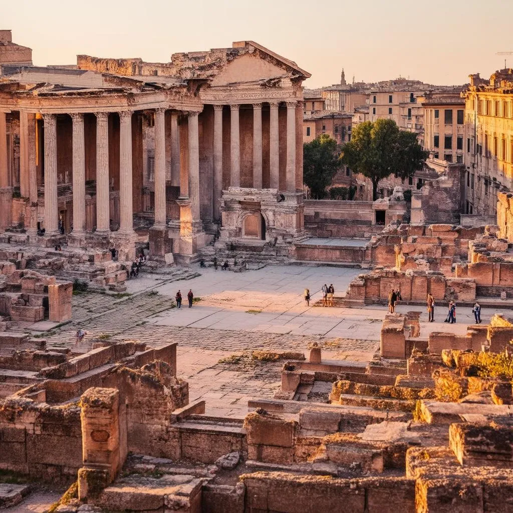 Ancient ruins bathed in golden light