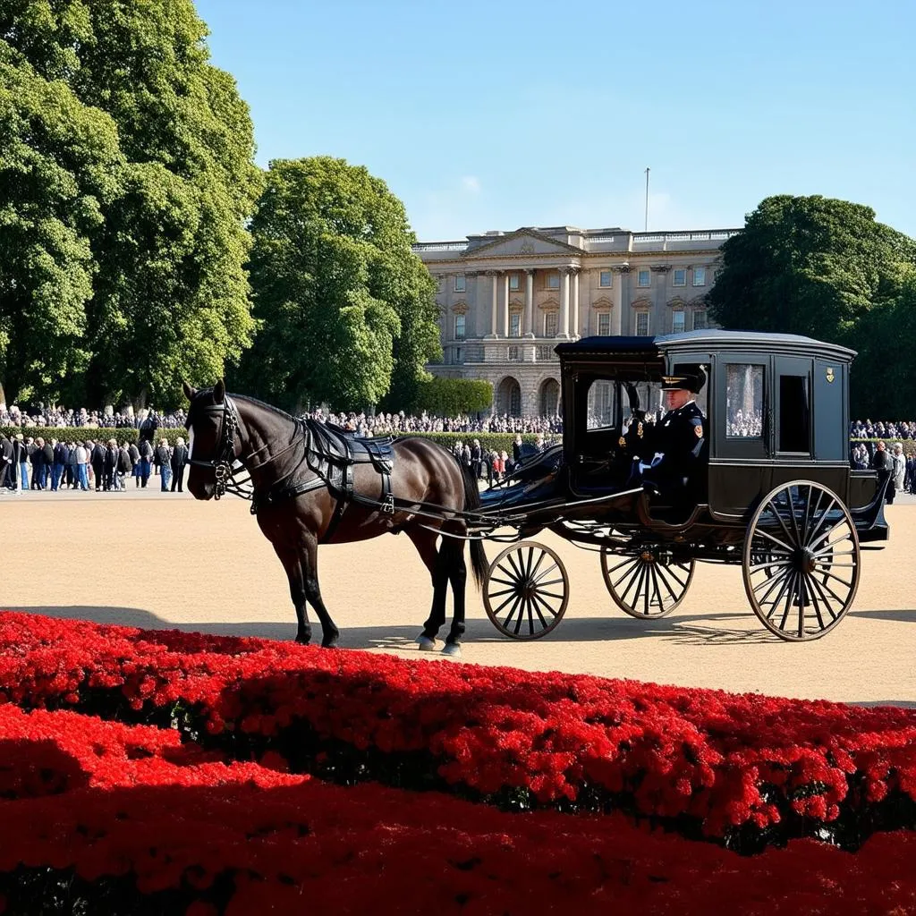 Horse-drawn carriage in front of Buckingham Palace