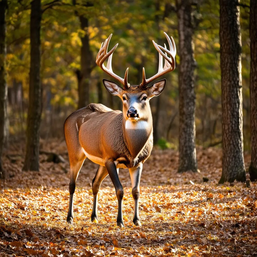 A large whitetail buck with a full rack of antlers during the rut, standing in a dense forest.