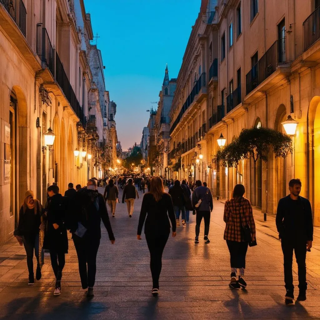 Safe street in Barcelona at night