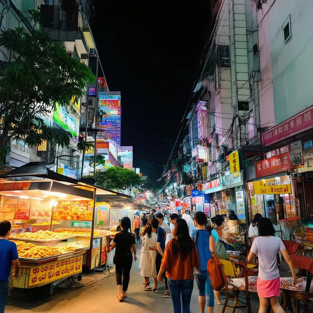 Vibrant night market street food vendors