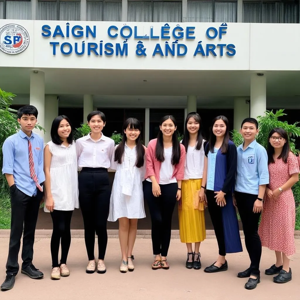 Students in front of Saigon College of Tourism and Arts