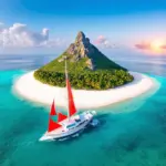 Sailboat gracefully circling a tropical island