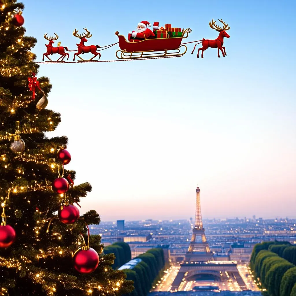 Santa's sleigh flying over the Eiffel Tower