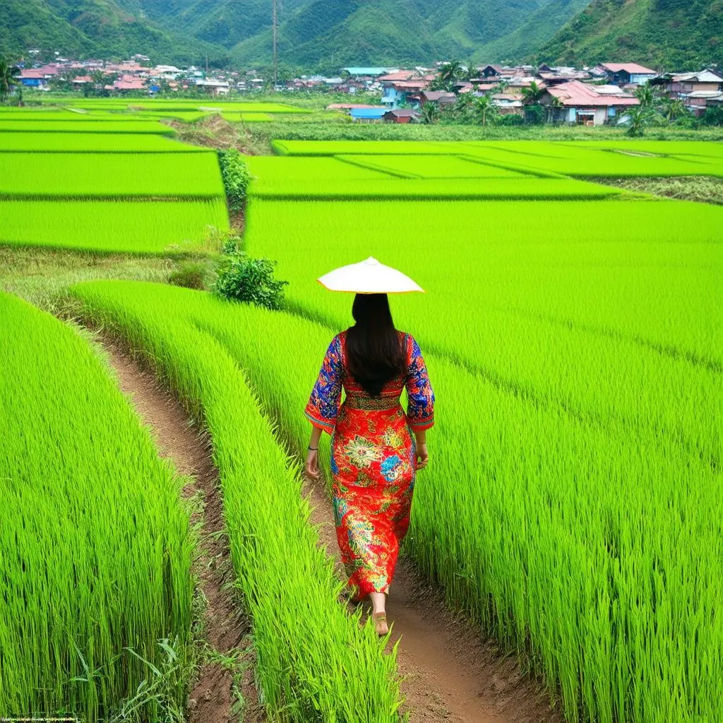 Woman in Traditional Clothes Walking Through Rice Fields