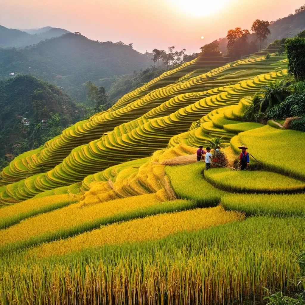 Golden rice terraces in Sapa during October harvest