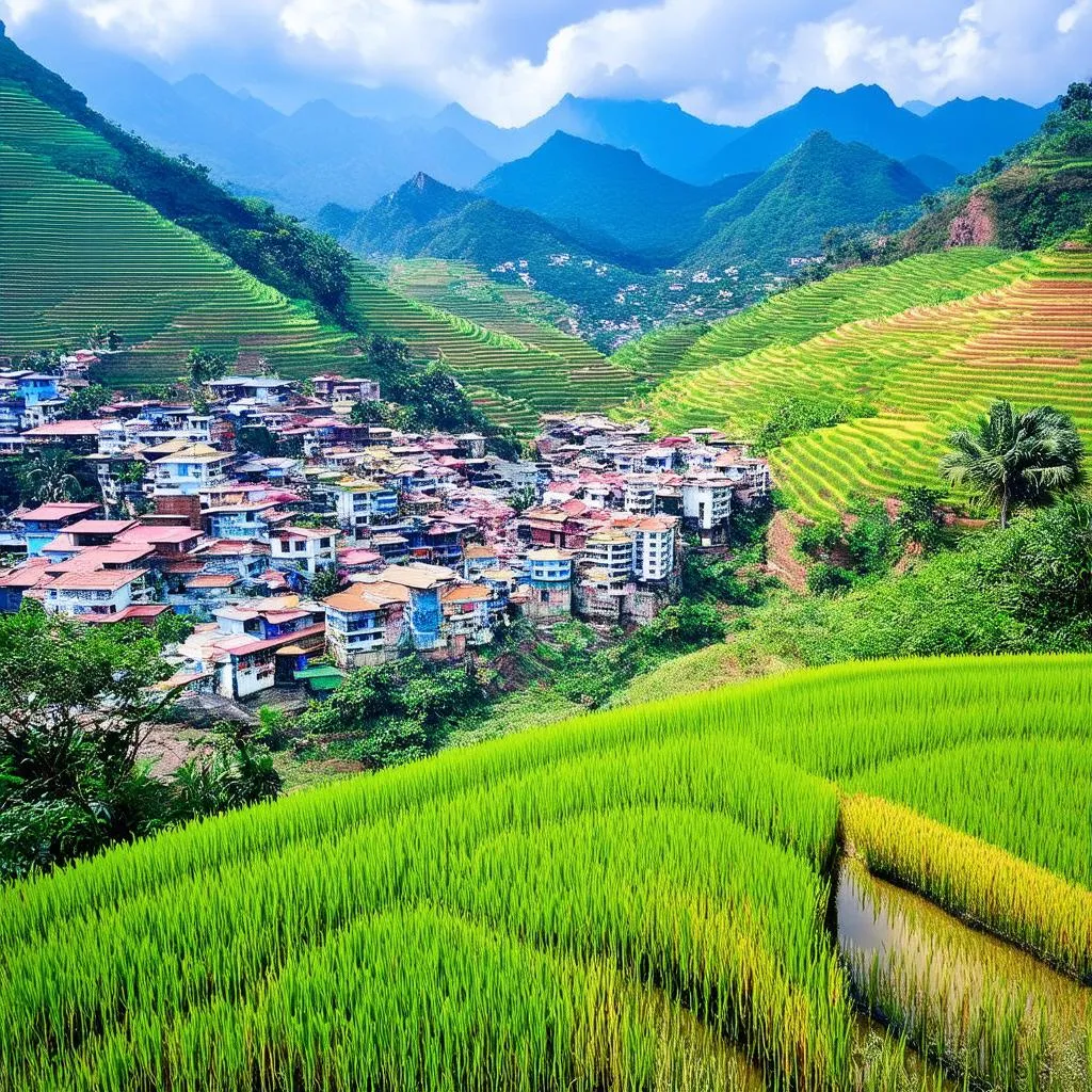 Sapa town with mountains in the background