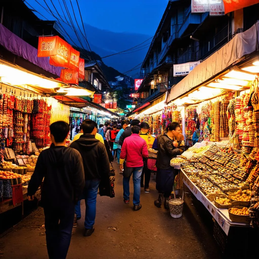 Sapa town night market with colorful lights and local vendors