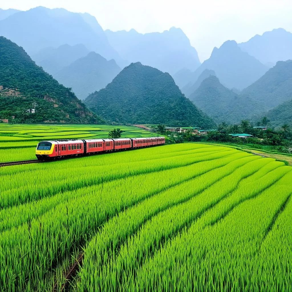 Scenic train journey through rice paddies