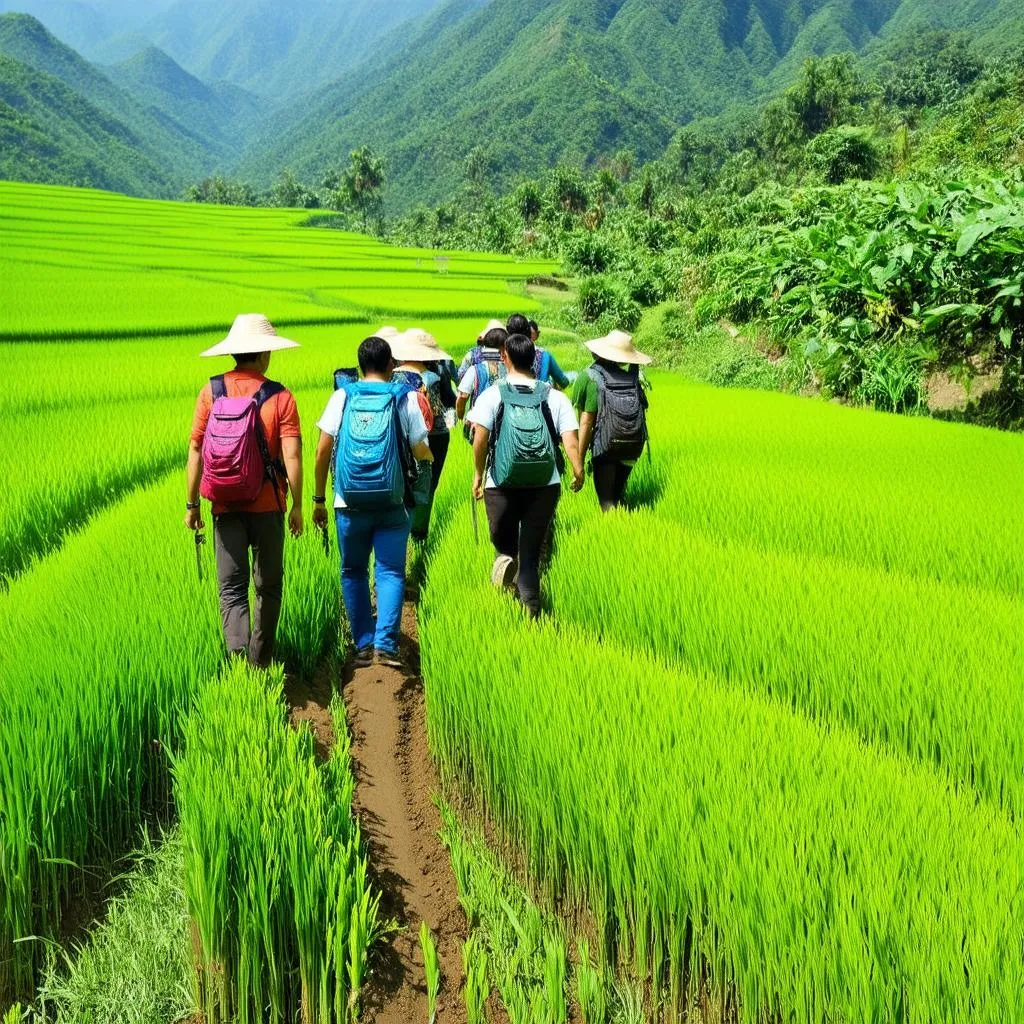 Trekking through rice paddies