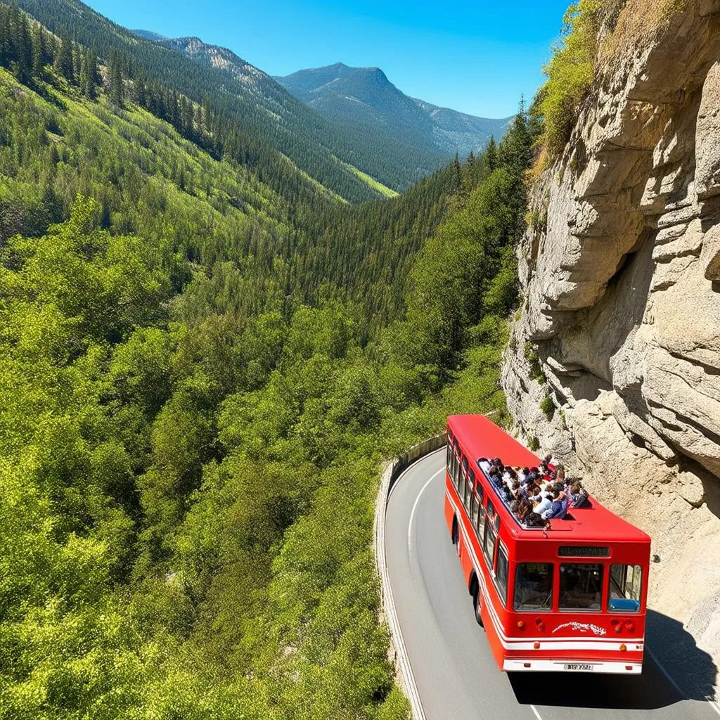 Bus Traveling on a Scenic Mountain Road