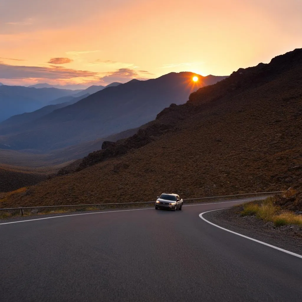 Scenic Mountain Road with a Car Driving Towards the Sunset