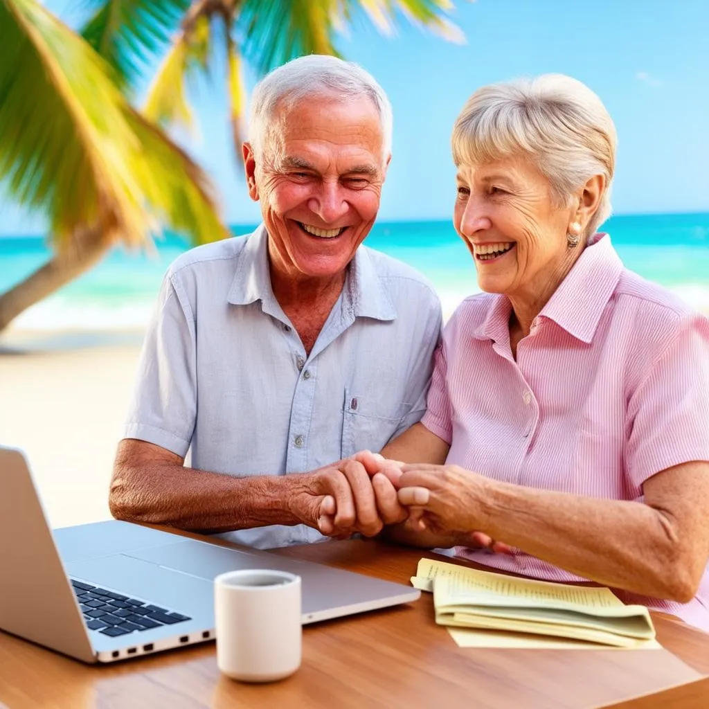 Senior couple researching travel insurance