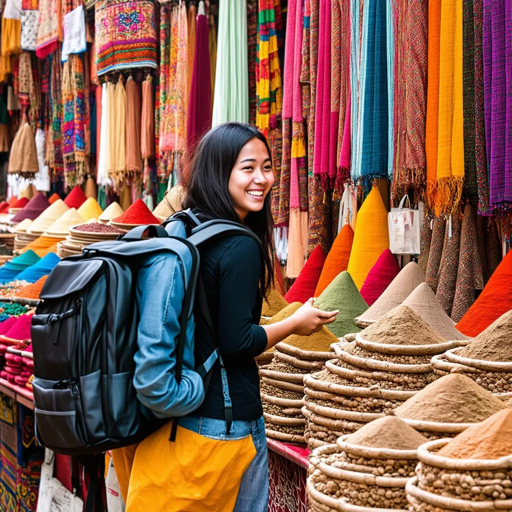 Woman experiencing the vibrant culture of a bustling Moroccan market