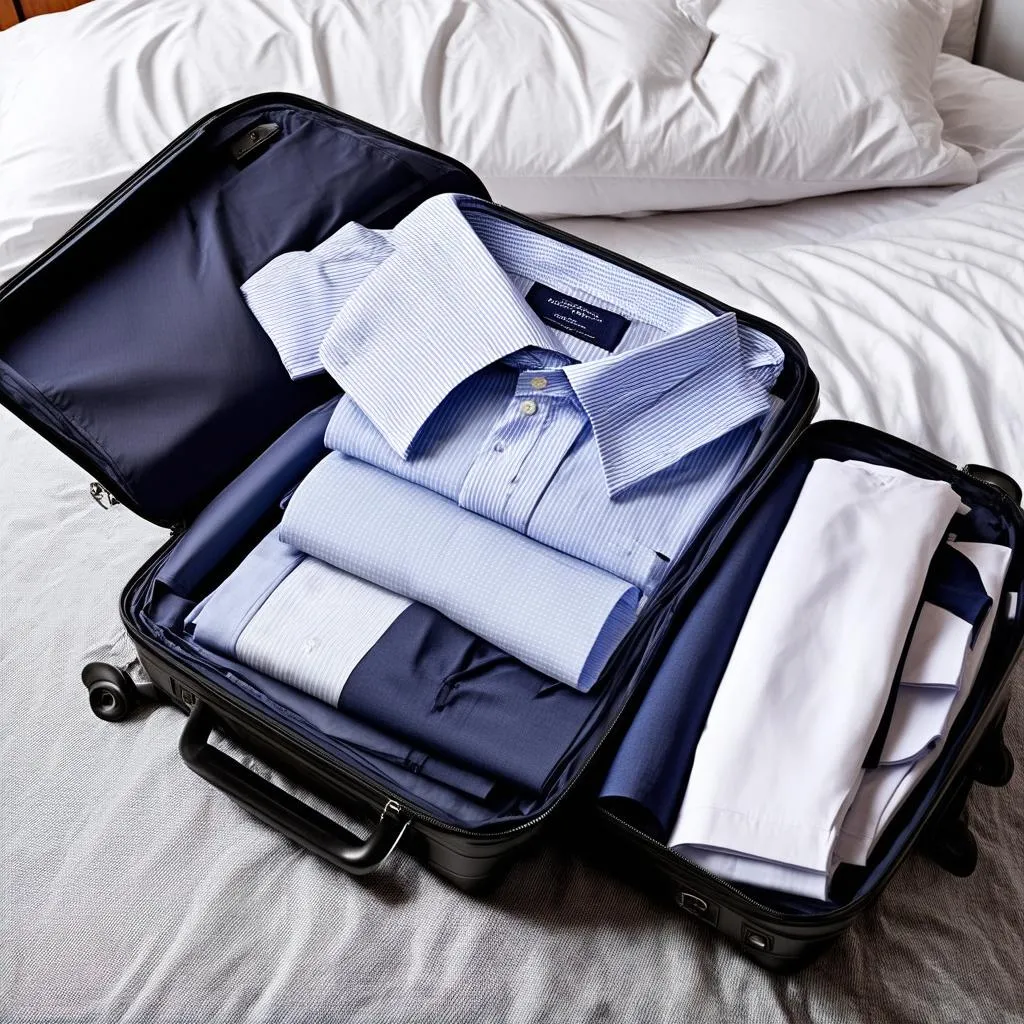 Neatly folded short sleeve dress shirts arranged in a suitcase.