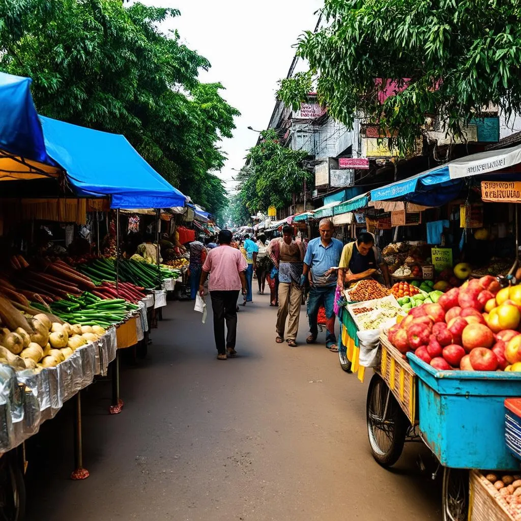 Busy street market in Siem Reap