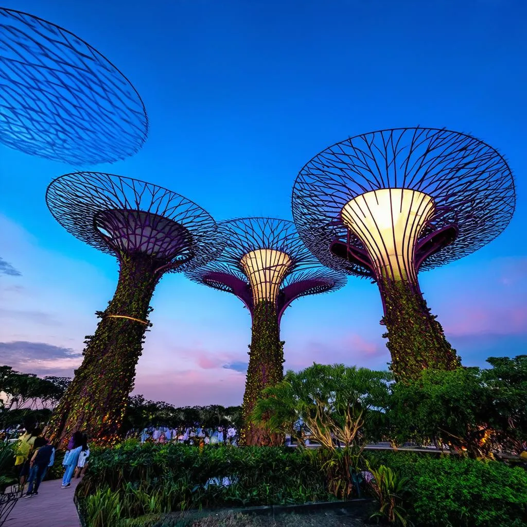 The Supertree Grove at Gardens by the Bay, Singapore, with a vibrant evening sky.