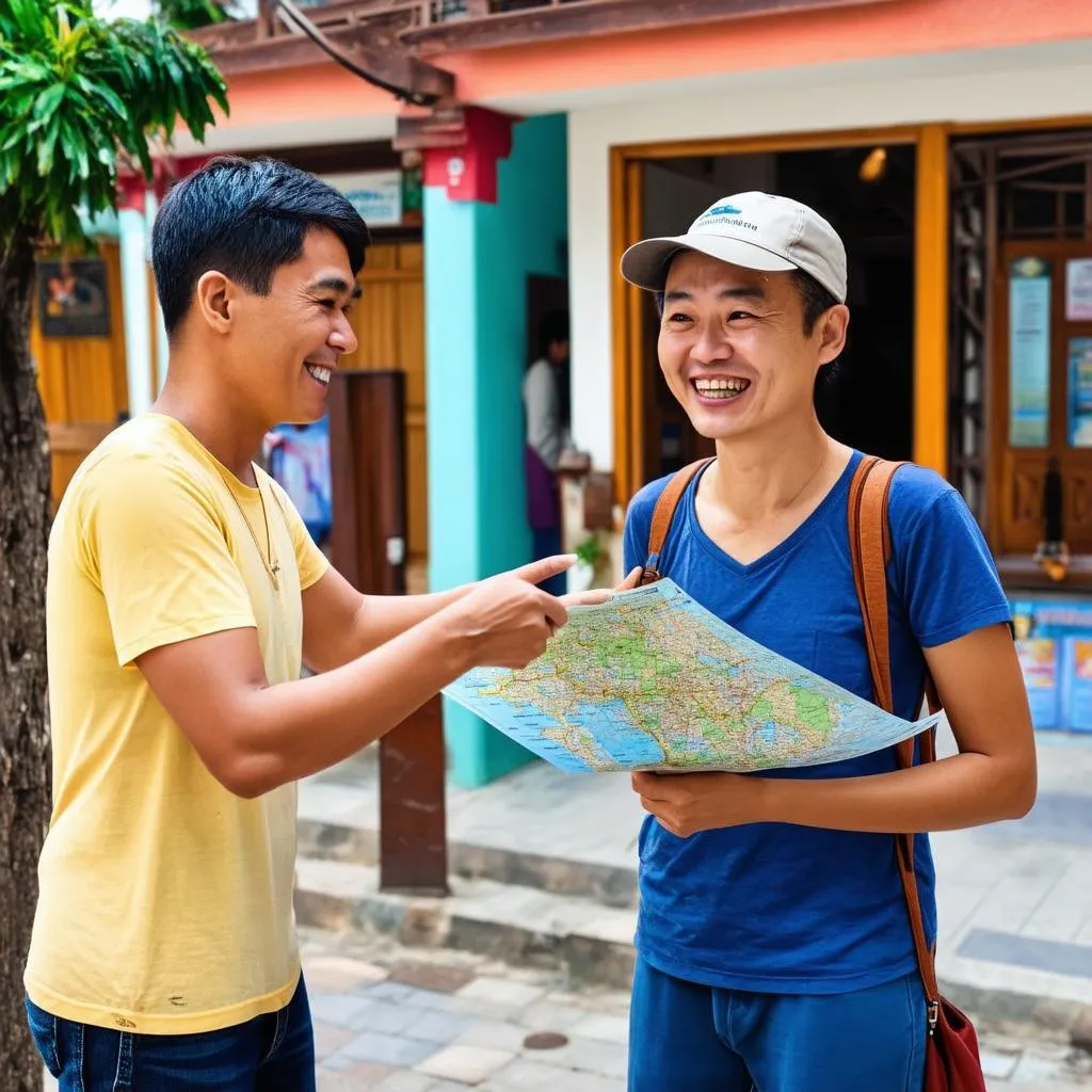 smiling tourist asking directions