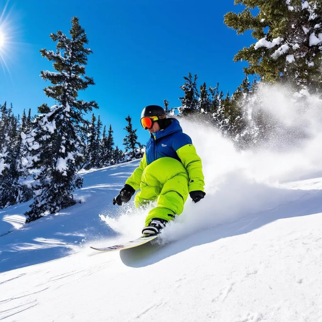 A snowboarder carves through fresh powder in Utah