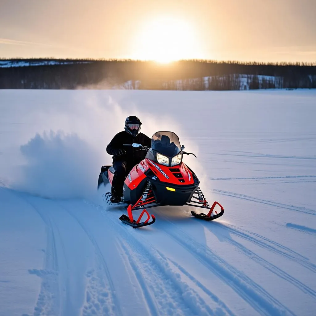 Snowmobile on a frozen lake