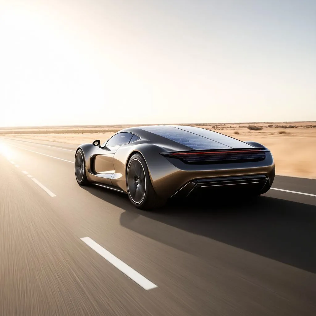 A sleek, modern solar car driving down an empty desert highway, sun shining brightly.