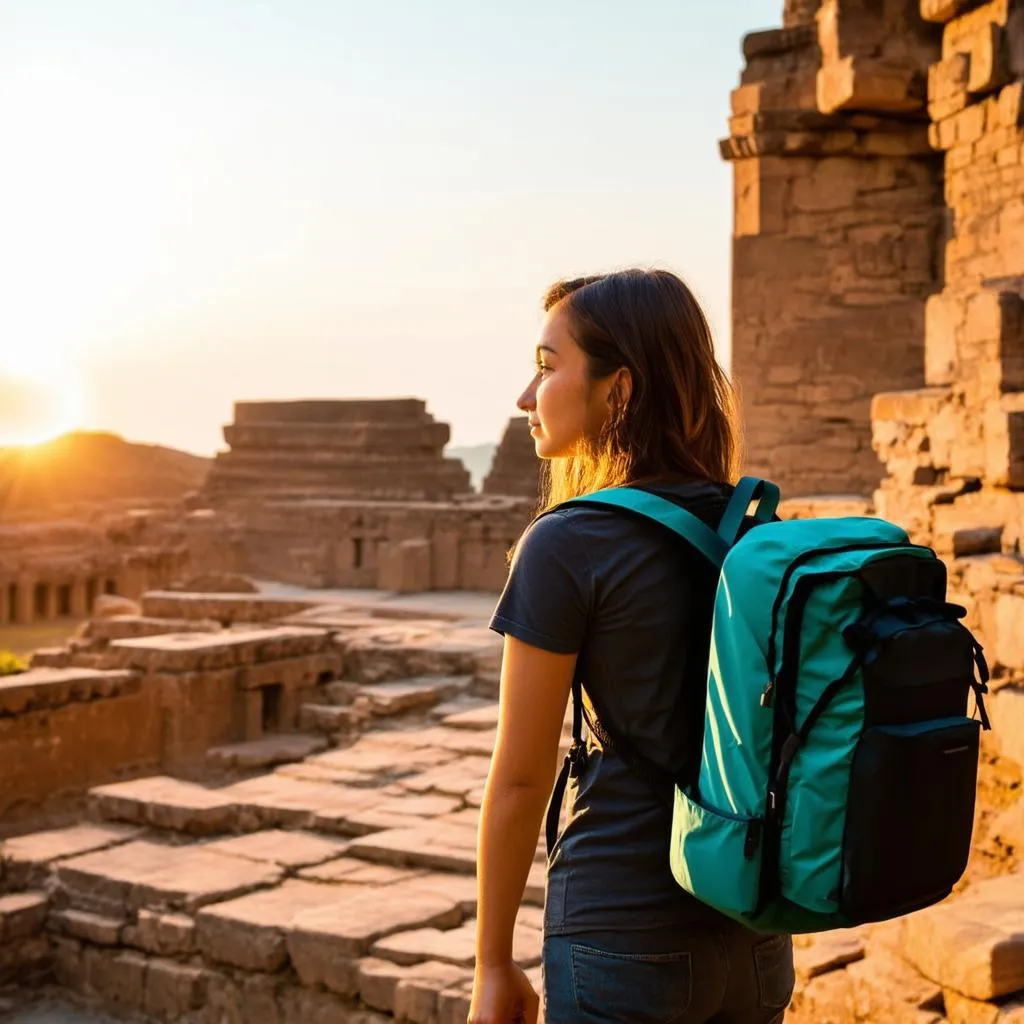 backpacker exploring ancient ruins