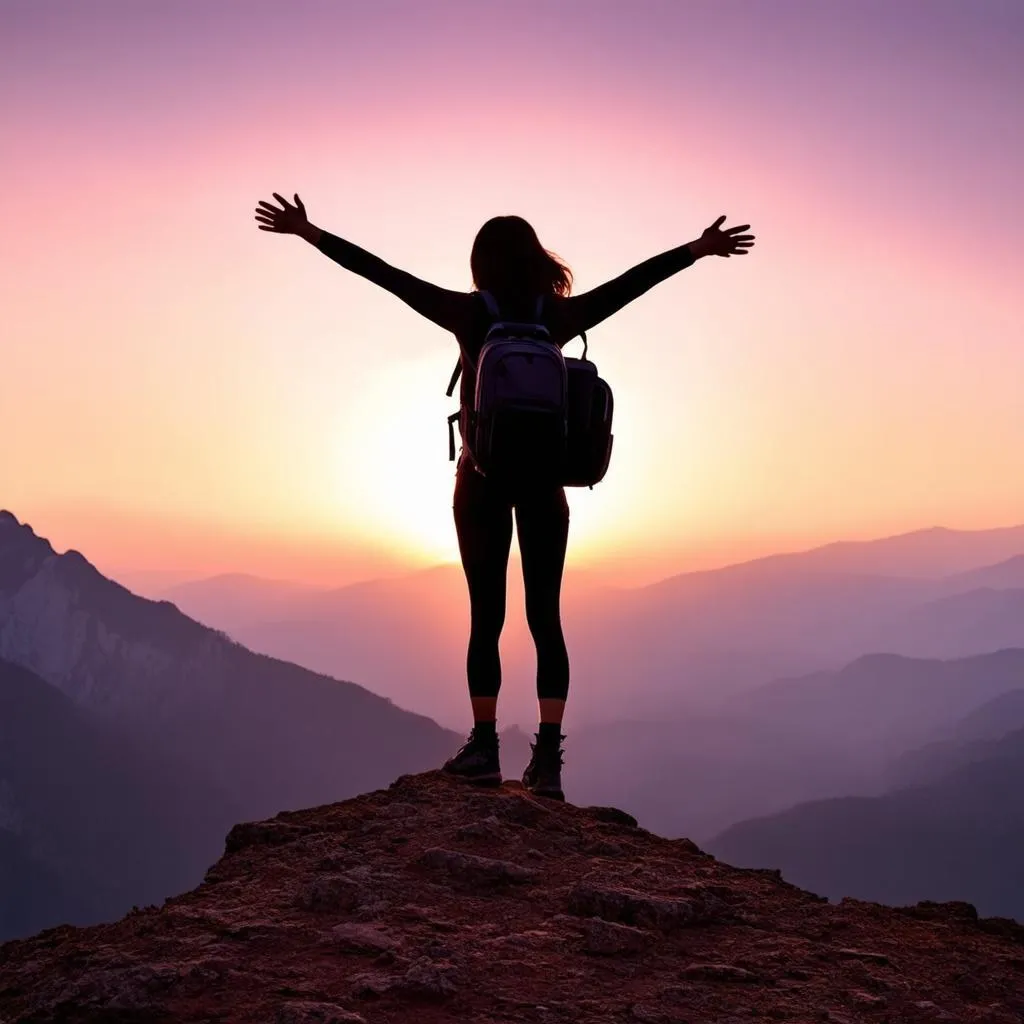 A solo traveler with a backpack stands on a mountaintop, gazing out at a breathtaking panoramic view.