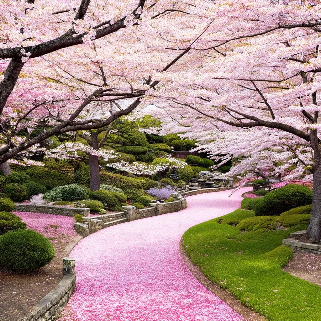 Pink spring blossoms in full bloom in a Japanese garden