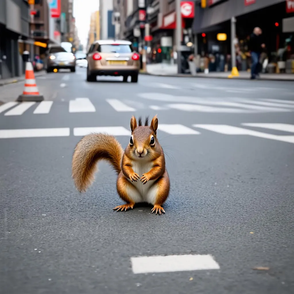 squirrel crossing a busy road