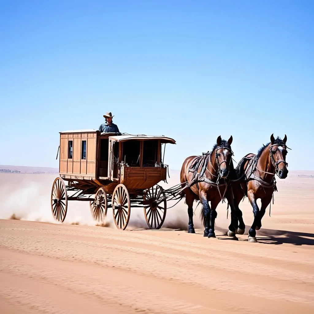 A stagecoach traversing a vast, open plain.