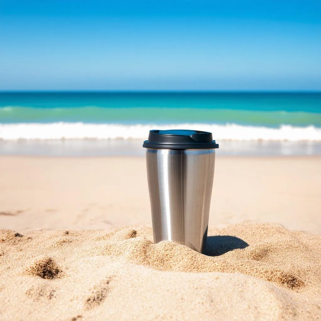 Starbucks Traveler on the beach